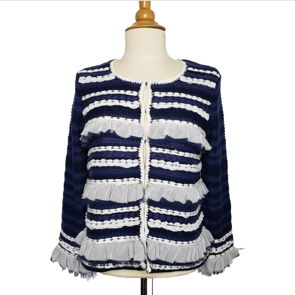 Chico's Ruffled Striped Mixed Texture Cardigan Sweater Small